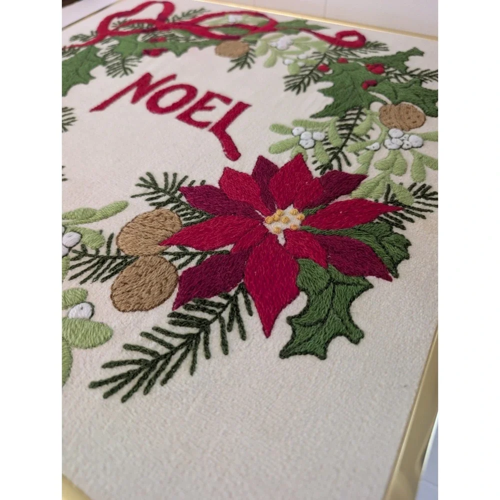 Vintage Christmas Wreath Noel Ribbon Crewel Gold Framed Artwork Holiday Decor